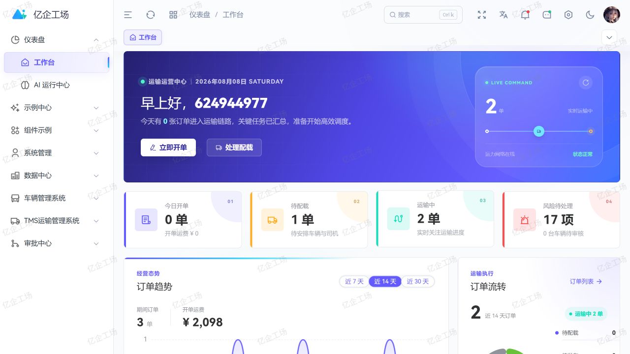 Art Supabase Pro 运输运营工作台，展示待配载、运输中与风险任务